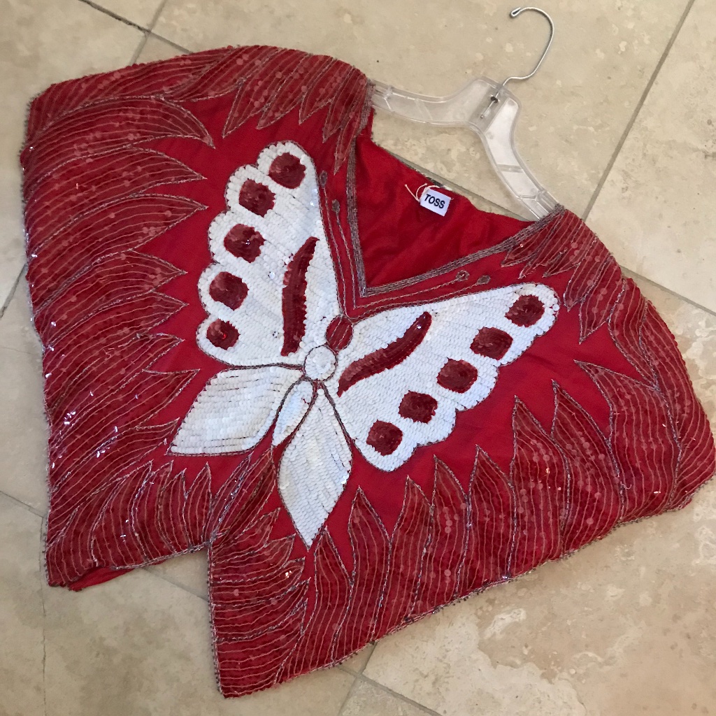Vintage Rare Red 1970s Beaded Butterfly Disco Top